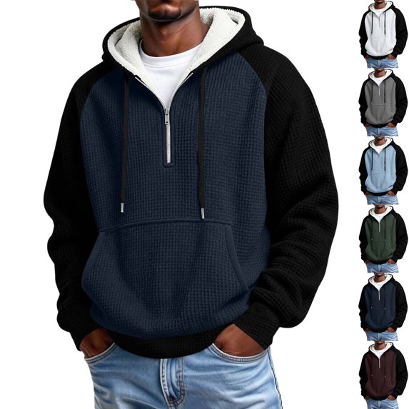 Zvmxot Mens Thick Fleece Lined Hoodies Colorblock Quarter Zip Textured Drawstring Pullover Sweatshirts with Pocket Casual Hooded Sweatshirt