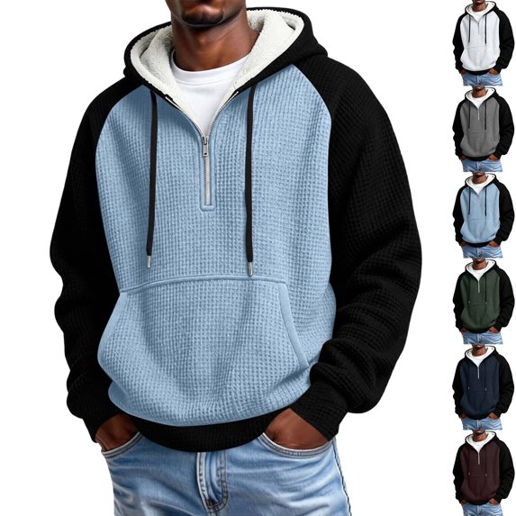 Zvmxot Mens Thick Fleece Lined Hoodies Colorblock Quarter Zip Textured Drawstring Pullover Sweatshirts with Pocket Casual Hooded Sweatshirt