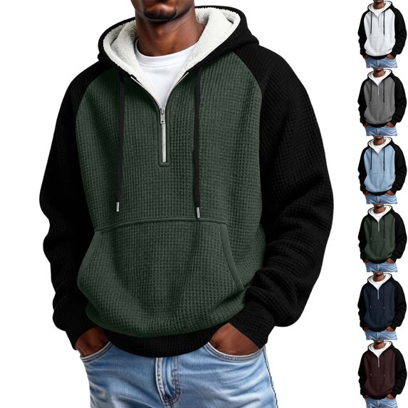 Zvmxot Mens Thick Fleece Lined Hoodies Colorblock Quarter Zip Textured Drawstring Pullover Sweatshirts with Pocket Casual Hooded Sweatshirt