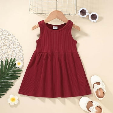Zvntrix Summer Dresses for Girls 2024 Pull-On Round Neckline Mid-Length Tent Sleeveless Summer Dresses Clearance Wine Size 3Y