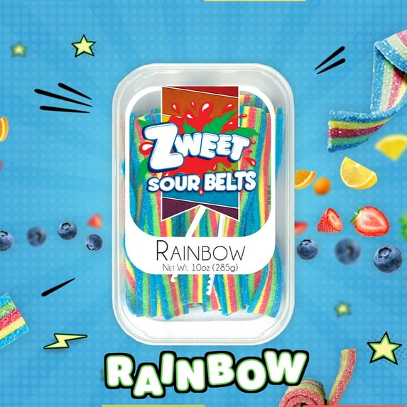 Zweet Sour Belts, Chewy Candy Strips, Rainbow, 10oz Pack of 2