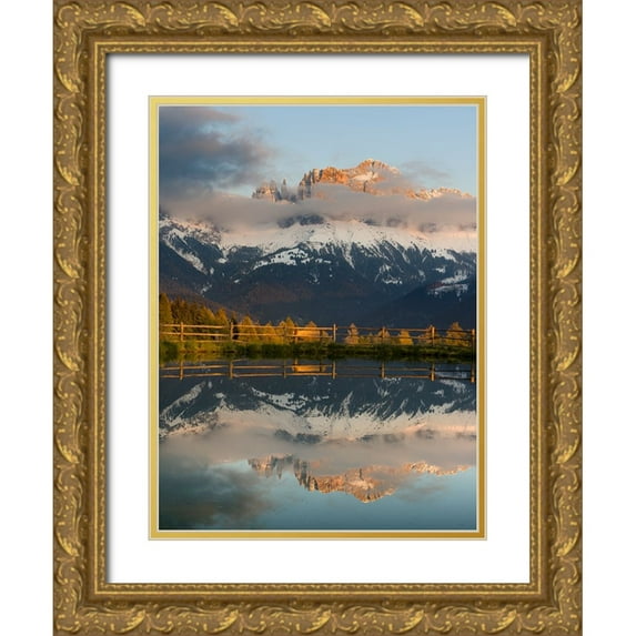 Zwick, Martin 12x14 Gold Ornate Wood Framed with Double Matting Museum Art Print Titled - Rosengarten-Catinaccio mountain range in the dolomites of South Tyrol-Alto Adige-are reflected in a