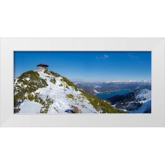 Zwick, Martin 14x9 White Modern Wood Framed Museum Art Print Titled - Summit of Mt-Herzogstand with pavilion near lake Walchensee during winter in the Bavarian Alps-Germ