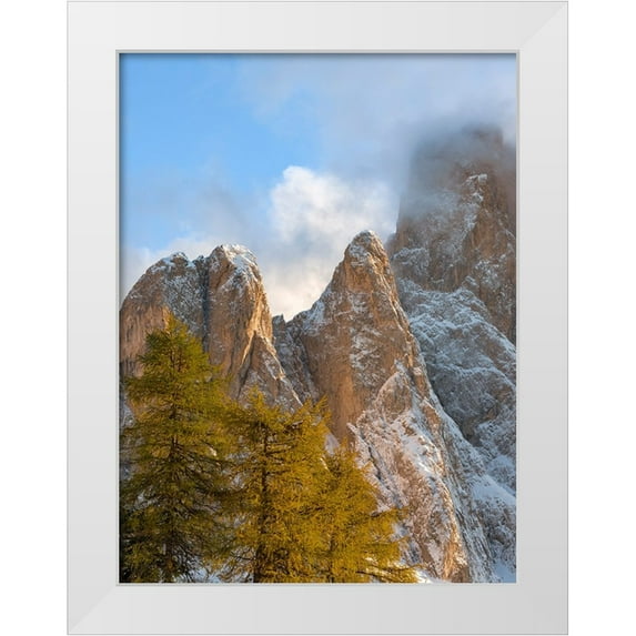 Zwick, Martin 19x24 White Modern Wood Framed Museum Art Print Titled - Geisler mountain range in the dolomites of the Villnoss Valley in South Tyrol-Alto Adige after an a