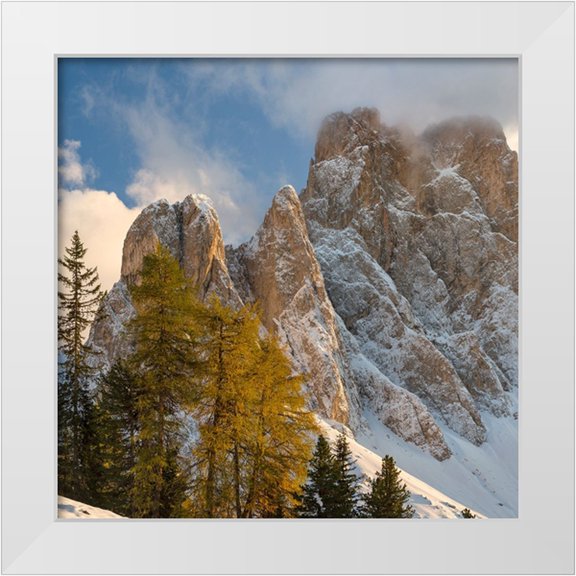 Zwick, Martin 20x20 White Modern Wood Framed Museum Art Print Titled - Geisler mountain range in the dolomites of the Villnoss Valley in South Tyrol-Alto Adige after an a