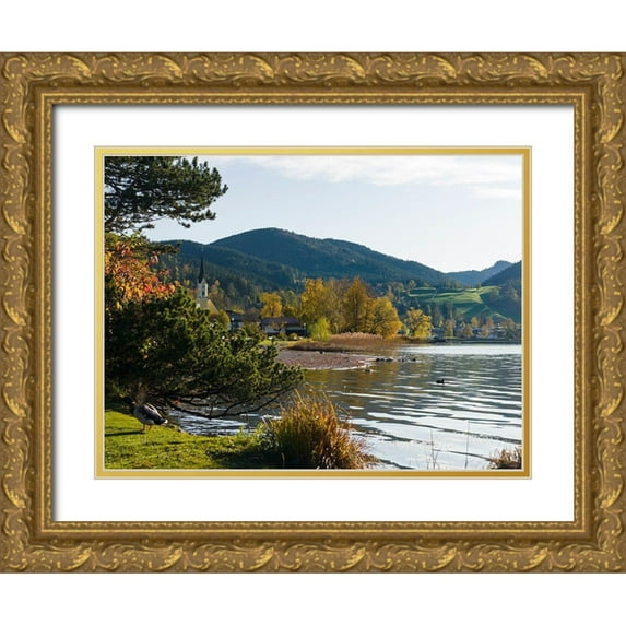 Zwick, Martin 24x19 Gold Ornate Wood Framed with Double Matting Museum Art Print Titled - Lake and village Schliersee in the Bavarian Alps-Bavaria-Germany