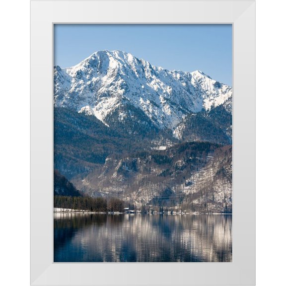 Zwick, Martin 25x32 White Modern Wood Framed Museum Art Print Titled - Lake Kochelsee at village Kochel am See during winter in the Bavarian Alps-Mt-Herzogstand in the ba