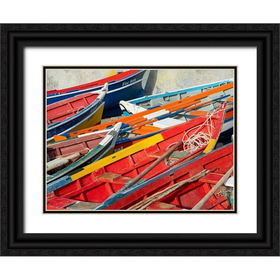 Zwick, Martin 32x25 Black Ornate Wood Framed with Double Matting Museum Art Print Titled - Harbor with traditional colorful fishing boats Town Ponta do Sol-Island Santo Antao-Cape Verde