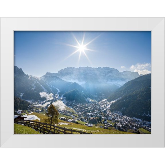 Zwick, Martin 32x25 White Modern Wood Framed Museum Art Print Titled - Sella mountain range and village Wolkenstein-Selva in the dolomites of South Tyrol-Alto Adige seen
