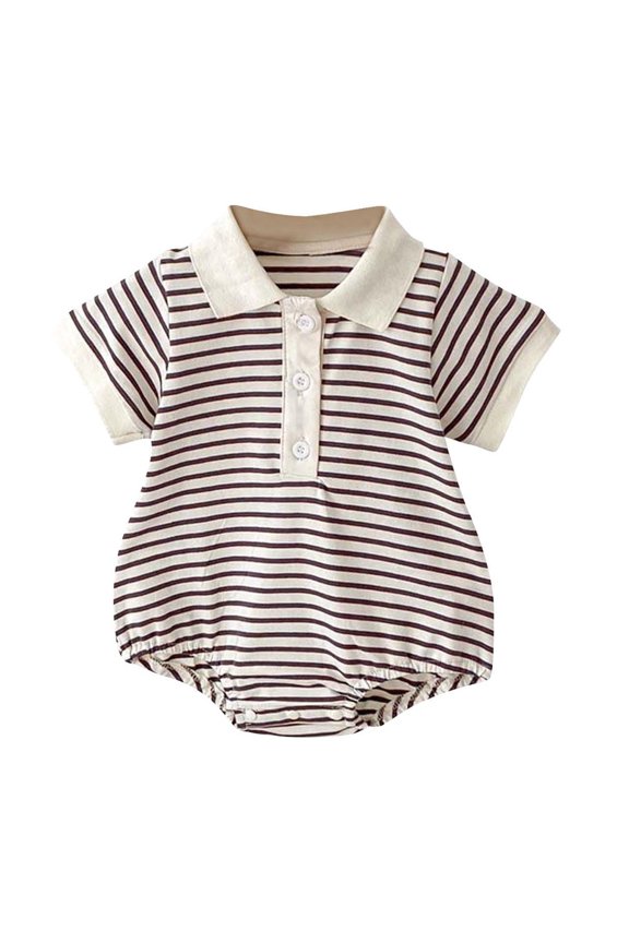 Unisex Button Down Bubble Romper Boy Girl Baby Clothes Infant Summer Newborn Baby Striped Short Sleeve Jumpsuit Coffee