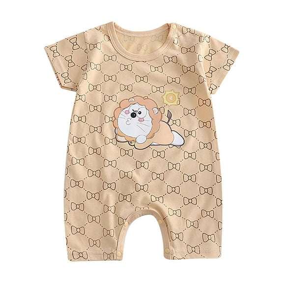 Zwiiyzr 0-15M Baby Clothes Newborn Infant Cartoon Pajamas Short Sleeve Footless Rompers Snap Closure Sleeper for Boy Girls Beige
