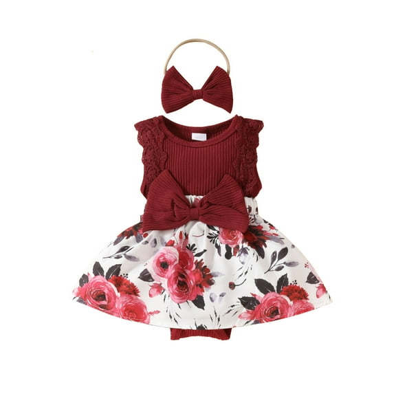 Zwiiyzr 0-18M Newborn Baby Girl Romper Dress Sleeveless Summer Clothes Boho Cute Outfits with Headband Burgundy