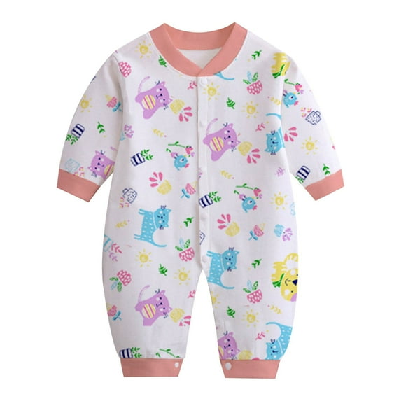 Zwiiyzr 0-1T Baby Clothes Boy Girl Romper Long Sleeve Footless One-Piece Printing Newborn Cotton Button V-Neck Long Jumpsuit White