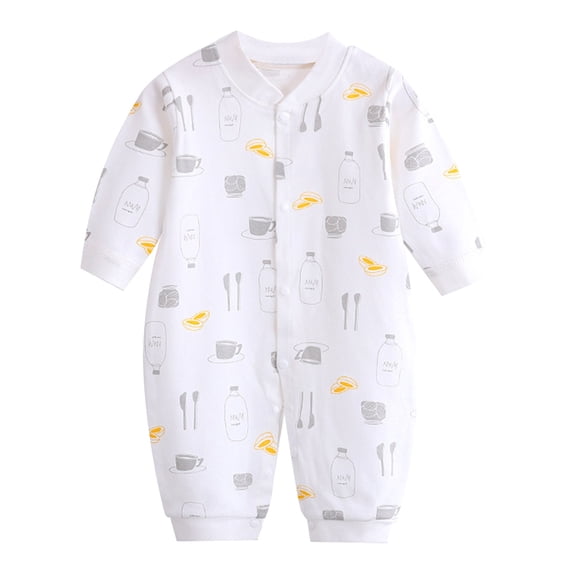 Zwiiyzr 0-1T Baby Clothes Boy Girl Romper Long Sleeve Footless Onesie Printing Newborn Cotton Button V-Neck Long Jumpsuit White