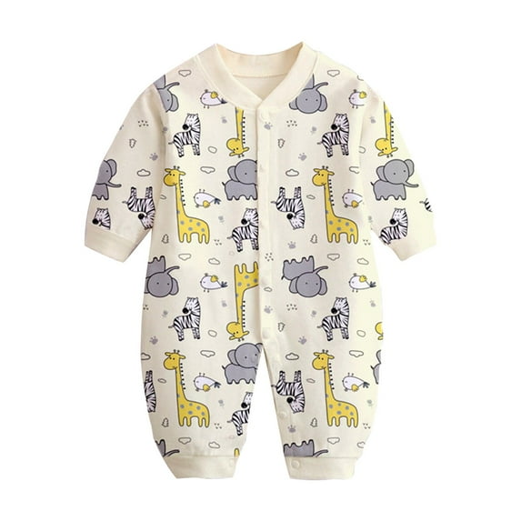 Zwiiyzr 0-1T Baby Clothes Boy Girl Romper Long Sleeve Footless Onesie Printing Newborn Cotton Button V-Neck Long Jumpsuit Yellow