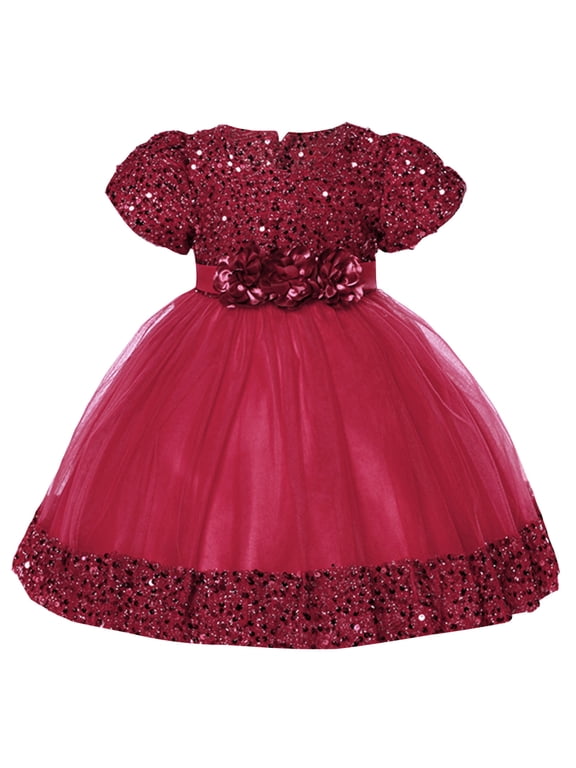 0-4T Toddler Girl Tulle Short Sleeve Bow Princess Dress Party Wedding Pageant First Birthday Party Lace Dress Burgundy