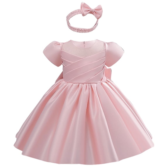 Zwiiyzr 0-5T Toddler Girl Short Sleeve Bow Princess Dress Ball Gown Prom Formal Party Wedding Pageant First Birthday Party Lace Dress Pink
