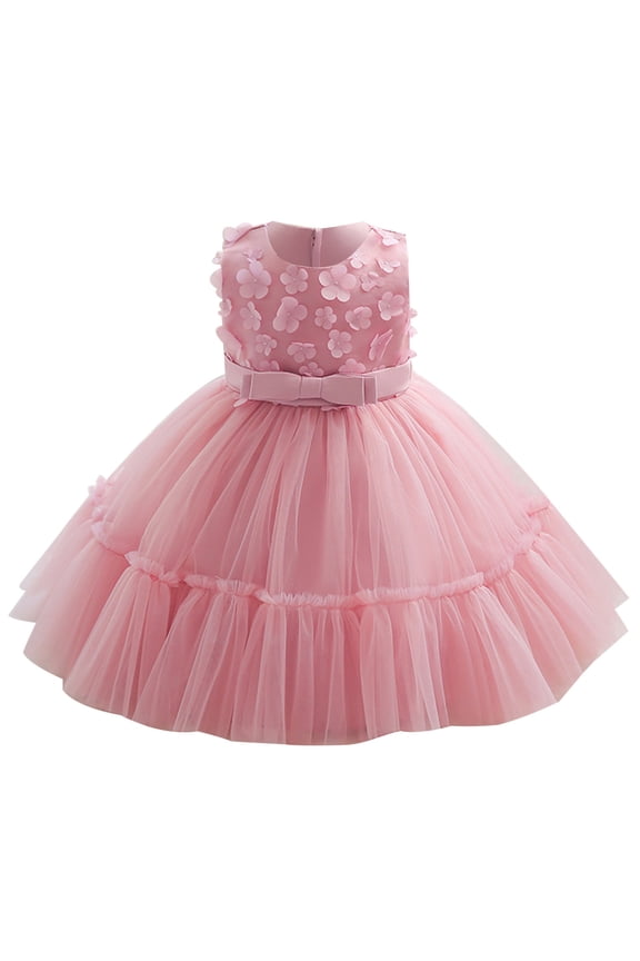 0-5T Toddler Girl Tulle Sleeveless Bow Princess Dress Party Wedding Pageant First Birthday Party Lace Dress Pink