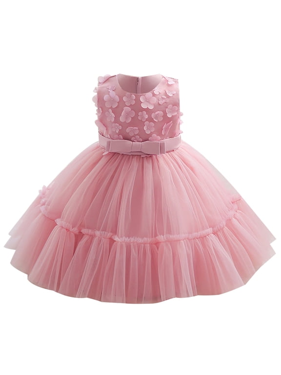 0-5T Toddler Girl Tulle Sleeveless Bow Princess Dress Party Wedding Pageant First Birthday Party Lace Dress Pink