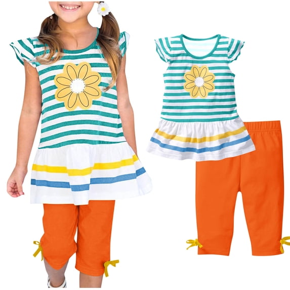 Zwiiyzr 1-10Y Girls 2 Piece Outfits Summer Casual Round Neck Botton Printed Cropped Pants Sets Blue