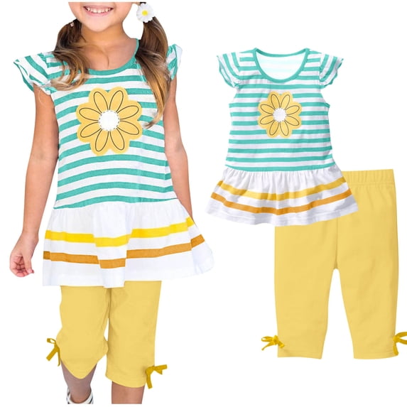 Zwiiyzr 1-10Y Girls 2 Piece Outfits Summer Casual Round Neck Botton Printed Cropped Pants Sets Light Blue