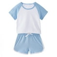 thumbnail image 1 of Zwiiyzr 1-11Y Toddler Baby Boys Girls Summer Outfit Trendy Cute Color Block Soft Top Shorts Home Wear Suit Light Blue, 1 of 5