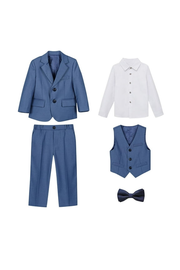 1-14Y Toddler Boys Suit Kids Tuxedo Suits Formal Dresswear Shirt Jacket Pants Bow Tie Classic Formal Suit Set Blue