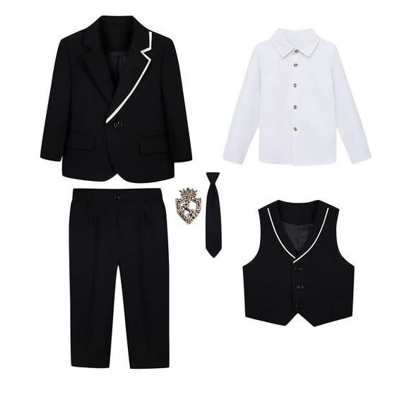 Zwiiyzr 1-14Y Toddler Boys Suit Kids Tuxedo Suits Formal Dresswear Shirt Jacket Pants Tie Brooch Classic Formal Suit Set Black
