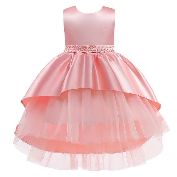 Zwiiyzr 1-5T Girls Tulle Dress Embroidery Rhinestone Bowknot Birthday Party Gown Long Dresses Pink
