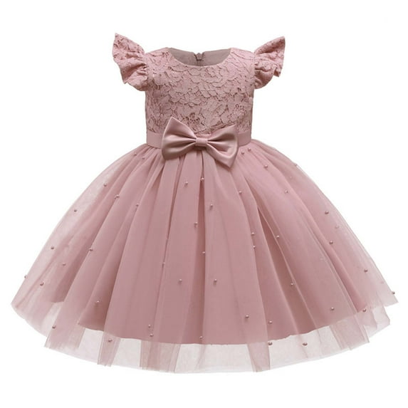 Zwiiyzr 1-5T Girls Tulle Dress Princess Dress Bow Pearl Wedding Dress Pink