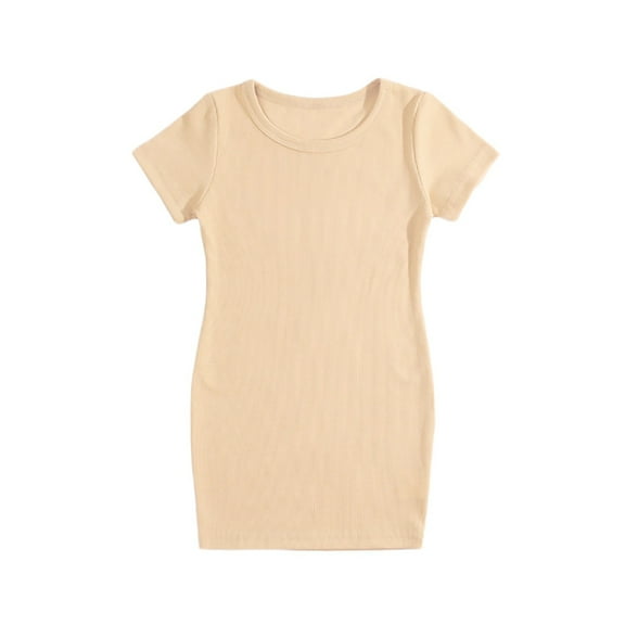 Zwiiyzr 1-6Y Baby Girls Summer Dress Cute Solid Color Short Sleeved Round Neck Dress Khaki