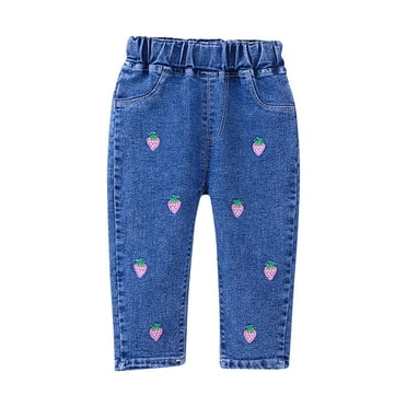 Zwiiyzr 1-6Y Kids Girls Jeans Pants Loose Casual Solid Color Pocket Cute Denim Pants Blue