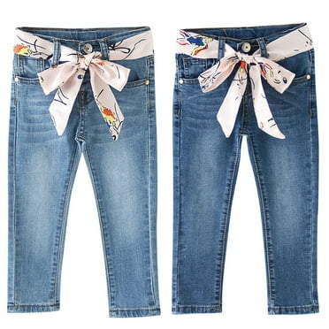 Zwiiyzr 2-10Y Kids Girls Jeans Pants Loose Spring Summer Casual Lightweight Denim Style Cuff Trousers Light Blue