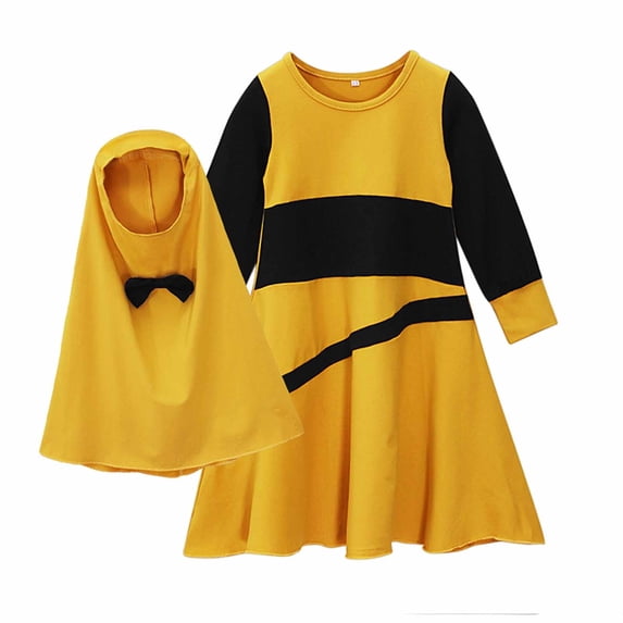 Zwiiyzr (2-13 Years) Kids Girls Muslim Dresses with Hood Set Long Sleeve Round Neck Color Block Dress Yellow