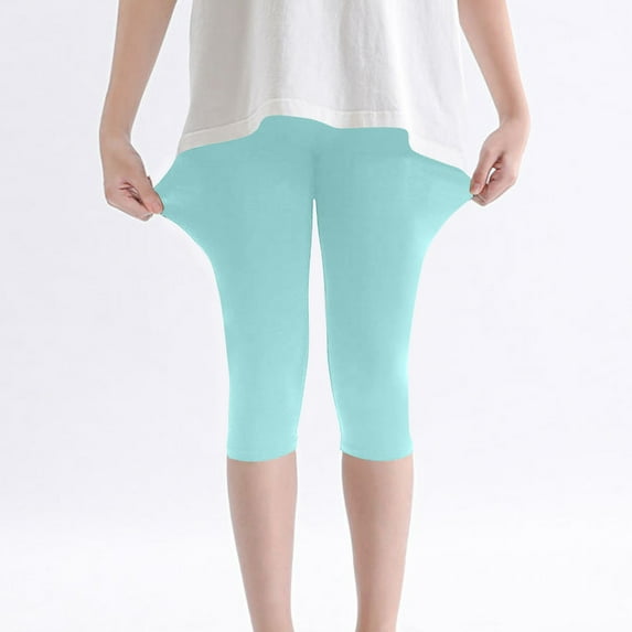Zwiiyzr 2-13Y Girls Capri Leggings Stretchy Summer Cropped Tights Soft Dance Yoga Pants for Kids Teens Daily Wear Light Blue