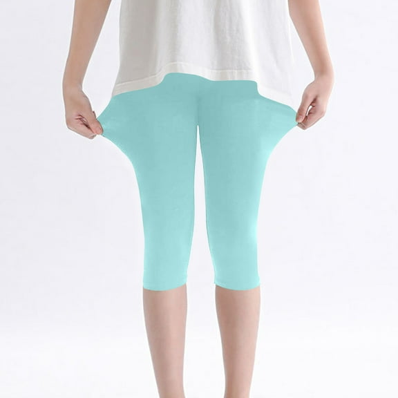 Zwiiyzr 2-13Y Girls Capri Leggings Stretchy Summer Cropped Tights Soft Dance Yoga Pants for Kids Teens Daily Wear Light Blue