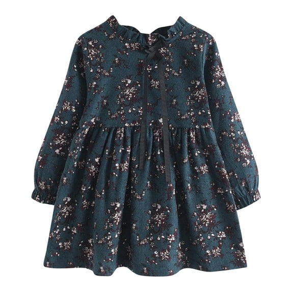 Zwiiyzr 2-14Year Toddler and Girls' Ruffle Dress Trendy Floral Pleated Lace Up Long Sleeved Round Neck Dress Green