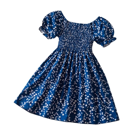 Zwiiyzr 2-7 Years Girls Short Sleeve Floral Dress Casual Flower Printed Smocked Dresses Navy