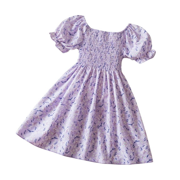 Zwiiyzr 2-7 Years Girls Short Sleeve Floral Dress Casual Flower Printed Smocked Dresses Purple