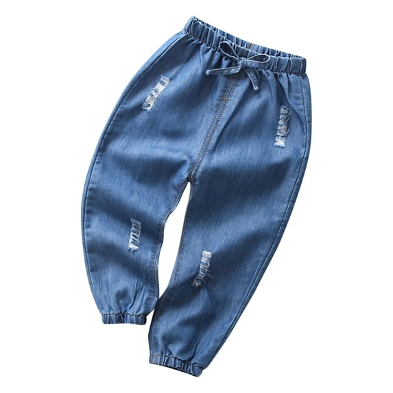 Zwiiyzr 2-7Y Kids Girls Jeans Pants Loose Distressed Casual Solid Color Pocket Cuffed Denim Pants Dark Blue