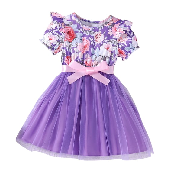 Zwiiyzr 2-8 Years Toddler Kids Cute Floral Sundress Tulle Tutus Bubble Short Sleeve Baby Girls Dress Purple