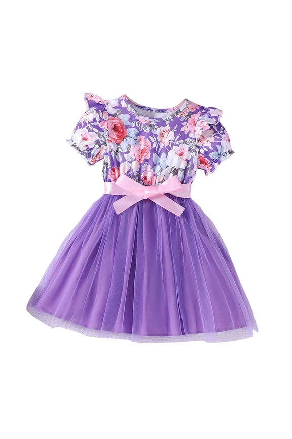 2-8 Years Toddler Kids Cute Floral Sundress Tulle Tutus Bubble Short Sleeve Baby Girls Dress Purple