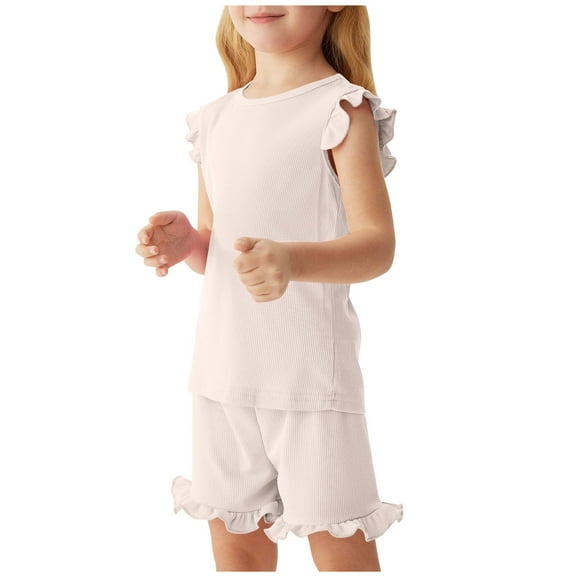 Zwiiyzr 2-8Y Kids Girls 2 Piece Outfits Summer Ruffled Pajamas Solid Comfortable Top and Short Sets for Toddler Beige