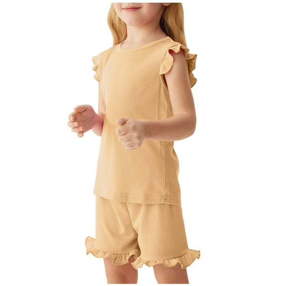 Zwiiyzr 2-8Y Kids Girls 2 Piece Outfits Summer Ruffled Pajamas Solid Comfortable Top and Short Sets for Toddler Khaki