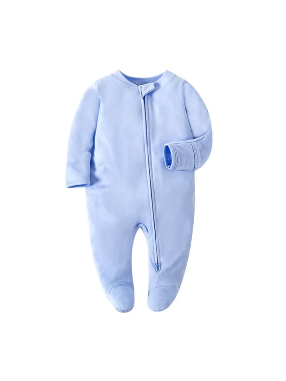0-12M Unisex Baby Girls Boys Long Sleeve Zipper Onesie Solid Color Newborn Footie One-Piece Infant Romper Jumpsuit Light Blue