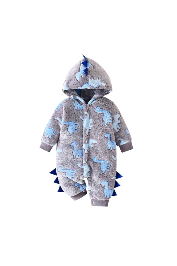 0-18M Newborn Baby Girl Boy Rompers Dinosaur Hooded Jumpsuit Fleece Warm Jumpsuit Long Sleeve Button Winter Coat Outfits Gray