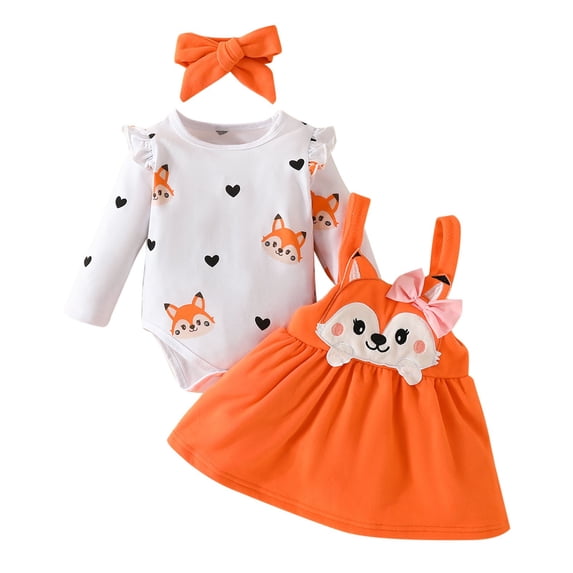 Zwiiyzr 0-18M Newborn Baby Girls Fall Winter Outfits Cute Ruffle Long Sleeve Ribbed Romper Top Bow Suspender Skirt with Headband Three Piece Baby Clothes Orange
