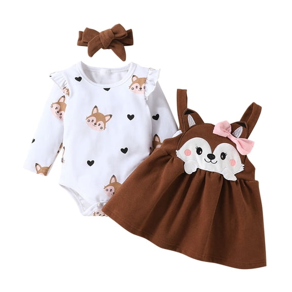 Zwiiyzr 0-18M Newborn Baby Girls Fall Winter Outfits Cute Ruffle Long Sleeve Ribbed Romper Top Bow Suspender Skirt with Headband Three Piece Baby Clothes Brown