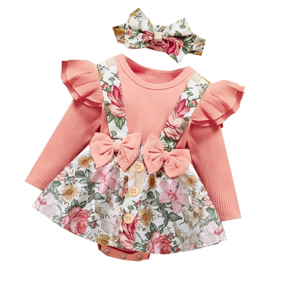 Zwiiyzr 0-18M Newborn Baby Girls Fall Winter Outfits Cute Ruffle Long Sleeve Ribbed Romper Top Bow Suspender Skirt with Headband Three Piece Baby Clothes Pink