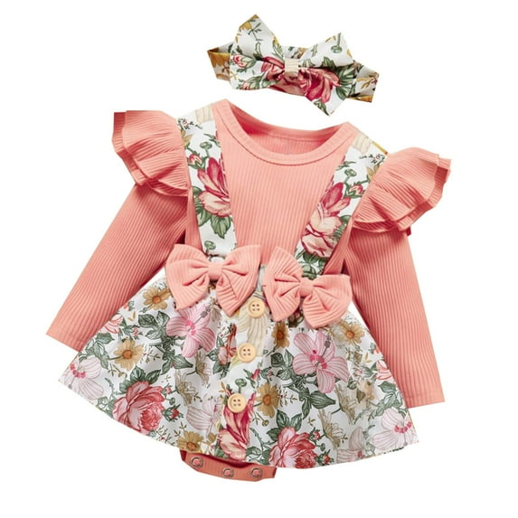 Zwiiyzr 0-18M Newborn Baby Girls Fall Winter Outfits Cute Ruffle Long Sleeve Ribbed Romper Top Bow Suspender Skirt with Headband Three Piece Baby Clothes Pink
